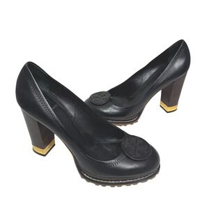 Tory Burch Black Leather Platform Block Heel Pumps Wood Lug Sole Logo Size 10M